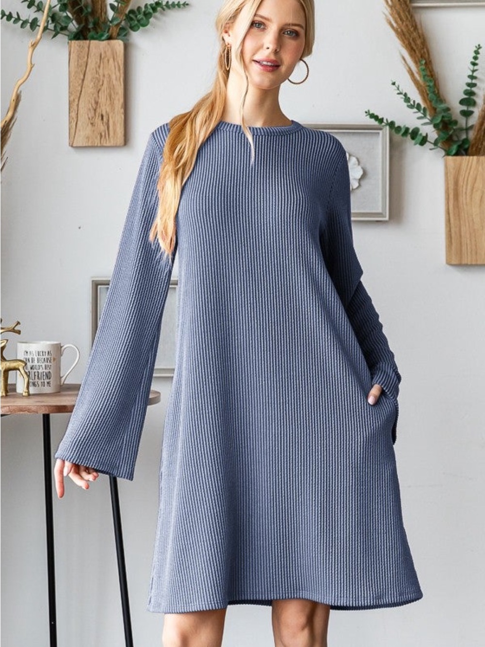 Long Sleeve Ribbed Swing Dress in Steel Blue NWOTS